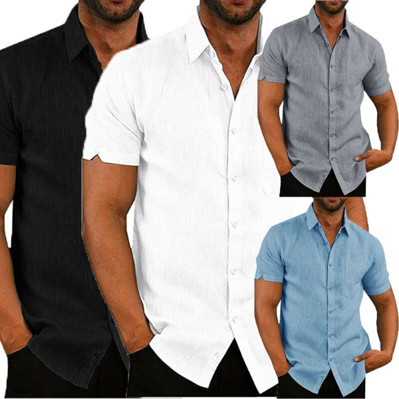 Luxe homme manches courtes col rabattu chemises décontractées amples lin hauts type chemisier poche poitrine noir blanc gris bleu