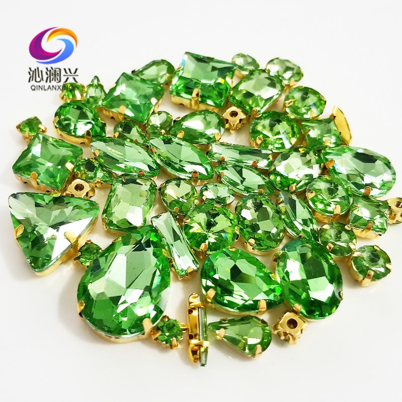 58 stks/zak Gold base Licht groen mix vorm top crystal glas naaien op stenen, super flash klauw strass diy/Kleding accessoires