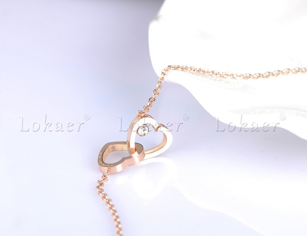 Lokaer colar corrente e fecho de zircônia cúbica, dupla coração, joias de titânio aço rosa dourado para mulheres n18058