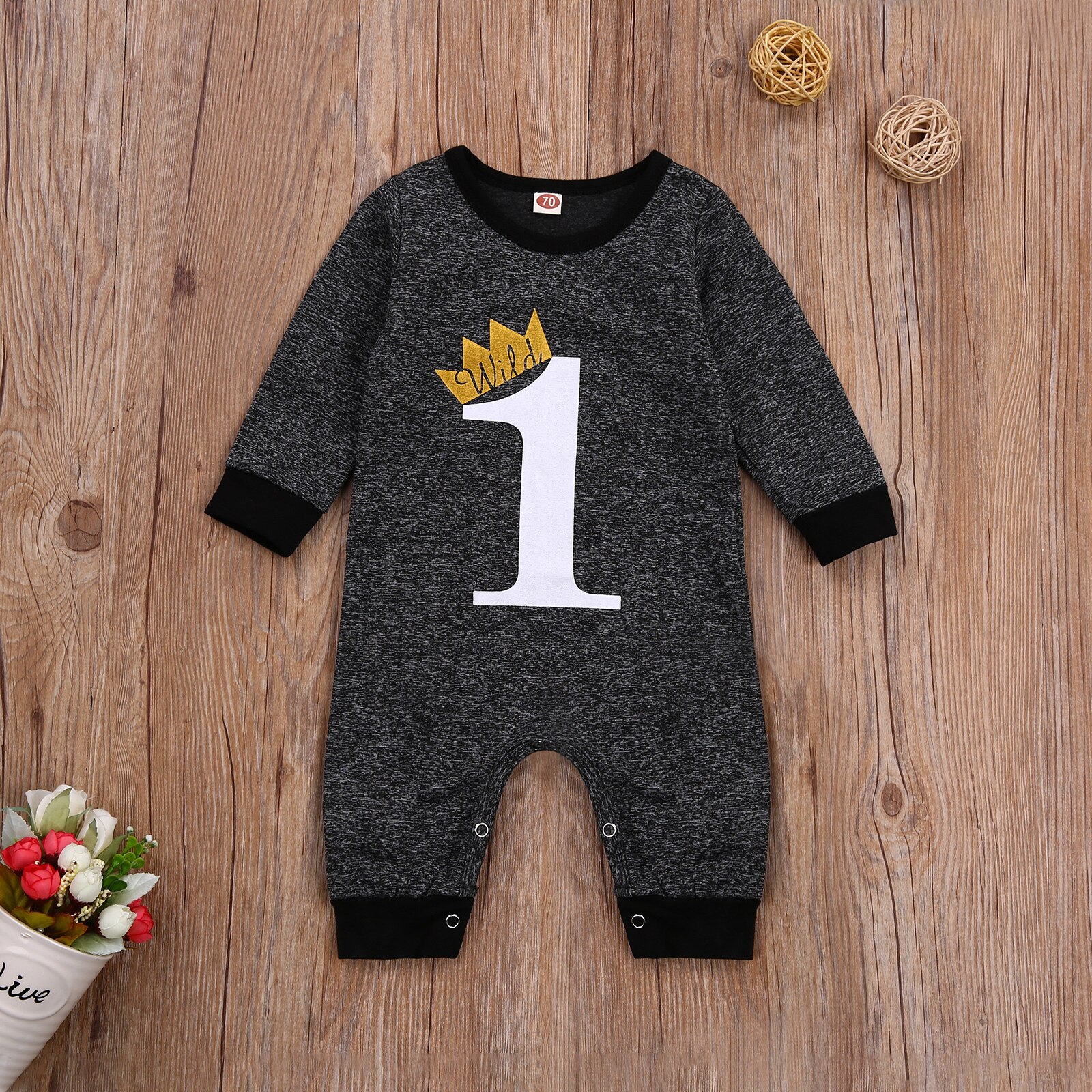 Emmababy Herfst 0-24M Peuter Baby Jongen Meisje Crown 1 Brief Print Jumpsuit Eerste Verjaardag Lange Mouw/Mouwloze Romper