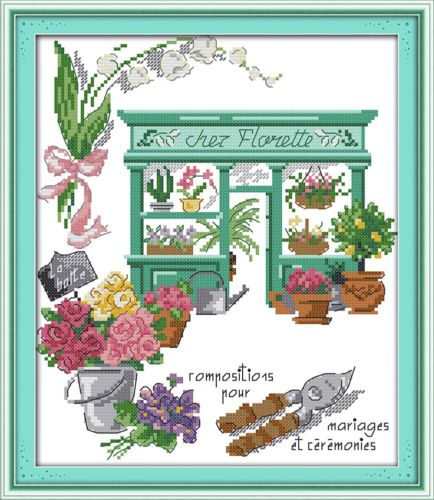 Flower shop cross stitch kit cartoon flowers Aida count 18ct 14ct 11ct printed embroidery DIY handmade needlework decor
