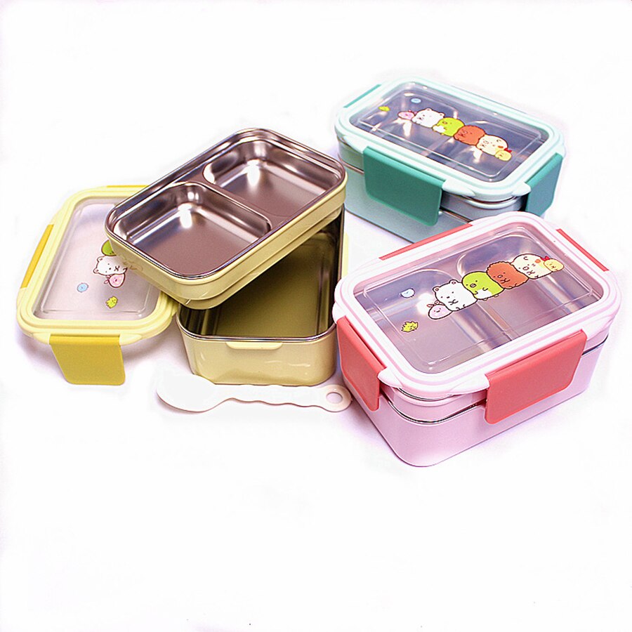 Draagbare Roestvrij Staal Lunchbox Dubbele Laag Cartoon Voedsel Container Doos Magnetron Bento Box Voor Kinderen Kinderen Picknick School