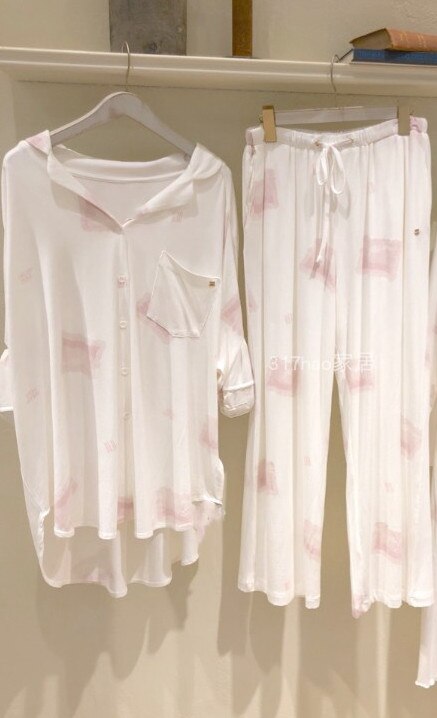 Japanese spring and Autumn thin pajamas gelato Modal cotton clouds long sleeve pantsuit crescent soft home wear sleepwear: pink set
