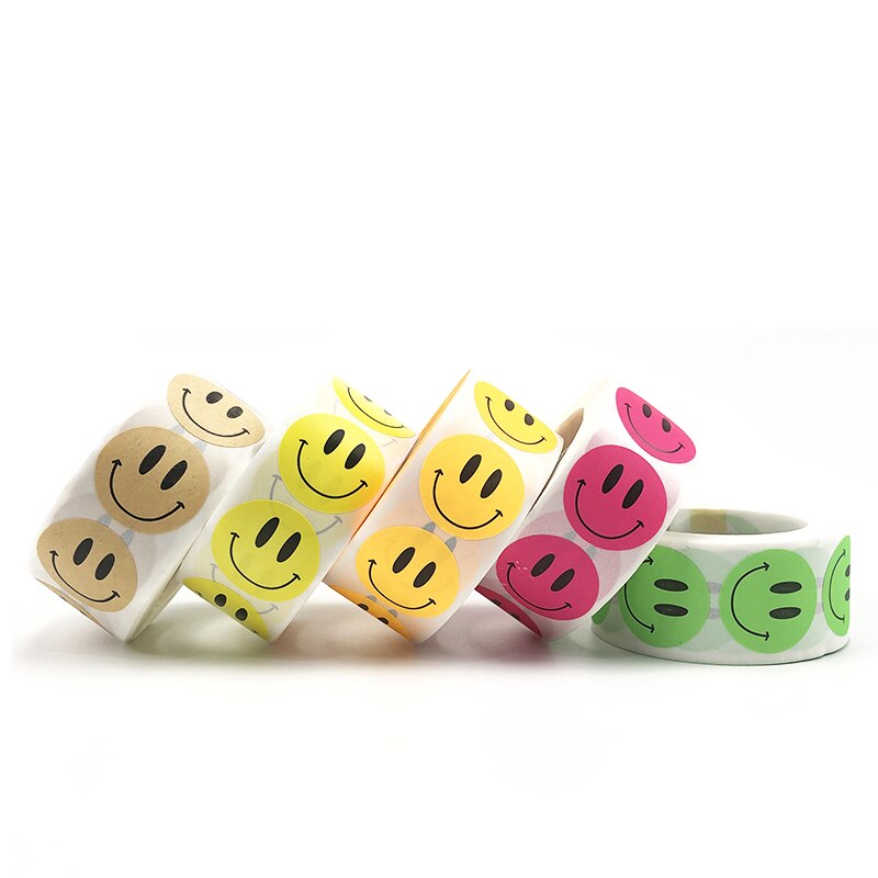 1 Roll/500Pcs Smiley Gezicht Stickers Gelukkig Gezicht Dank U Sticker Roll Cirkel Stippen Papieren Etiketten Beloning Stickers leraren Sticker