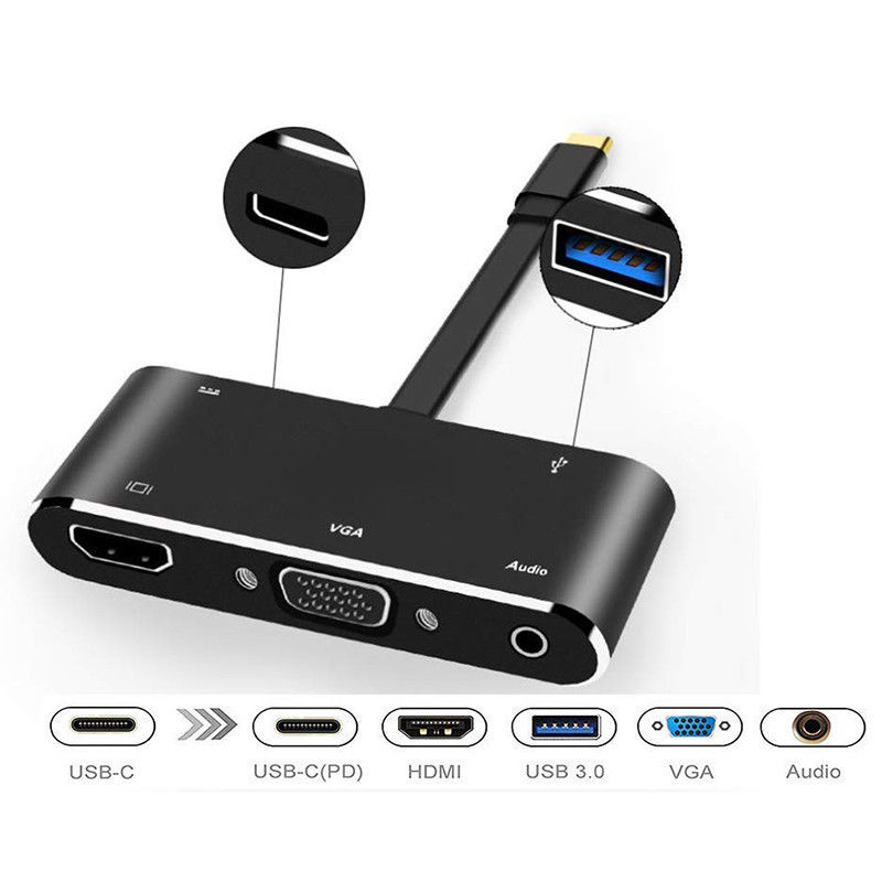 5 in 1 USB C naar HDMI Adapter 4K Type-C naar HDMI/VGA/Audio/ USB 3.0 Poort + USB C Poort (PD) converter voor Laptop Macbook Nintend Schakelaar