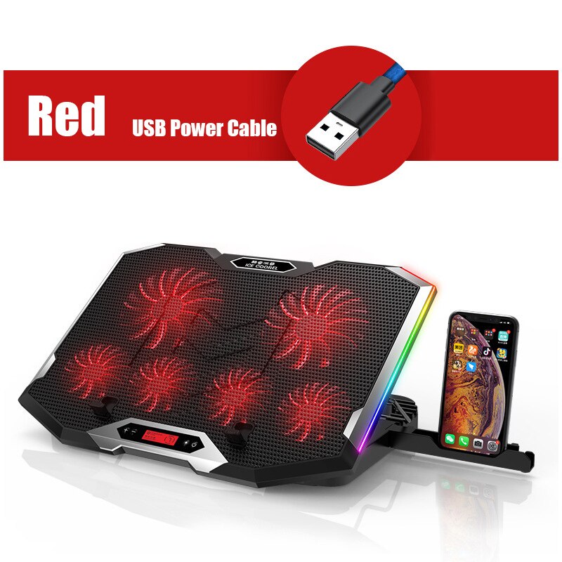 Refrigerador RGB para ordenador portátil, almohadilla de refrigeración para portátil de 12-18 pulgadas, seis ventiladores, pantalla LCD, soporte ajustable para Notebook, dos puertos USB: Rojo
