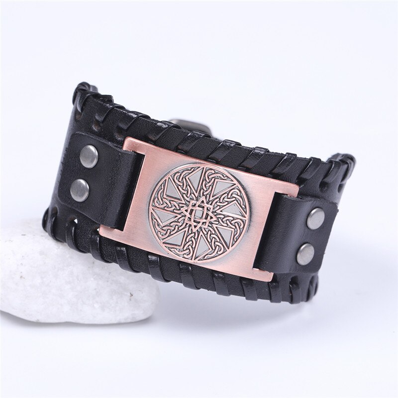 Skyrim-pulsera de cuero eslava para hombre, anís estrellado, amuleto redondo cerrado, pulsera ancha trenzada, brazalete Vikingo, joyería Vintage: Wide black-copper