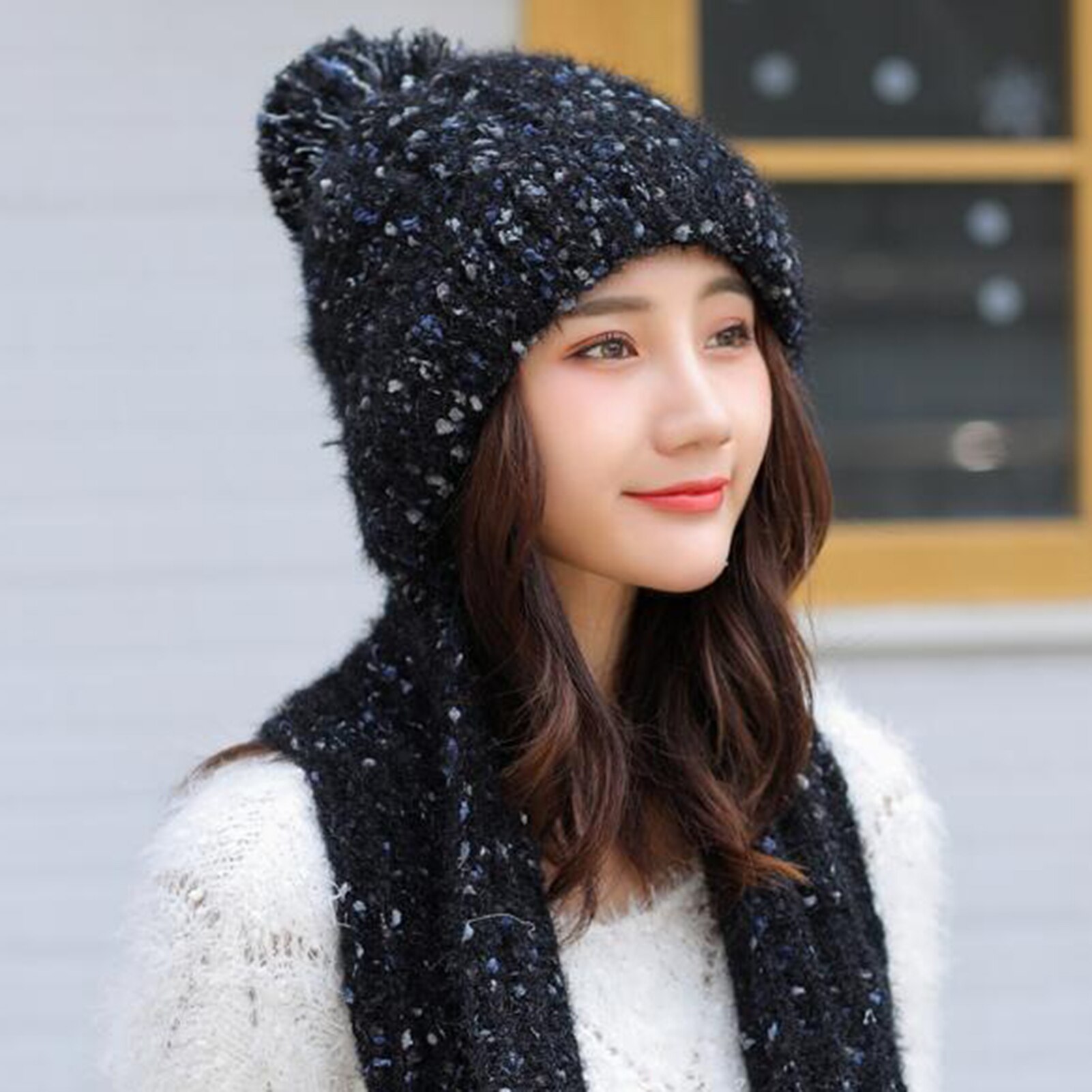 Korean-Style Women Autumn Winter Skullies Beanies Girls Soft Warm Woolen Knitted Circle Loop Scarf Cap Ladies ourdoor sports Hat