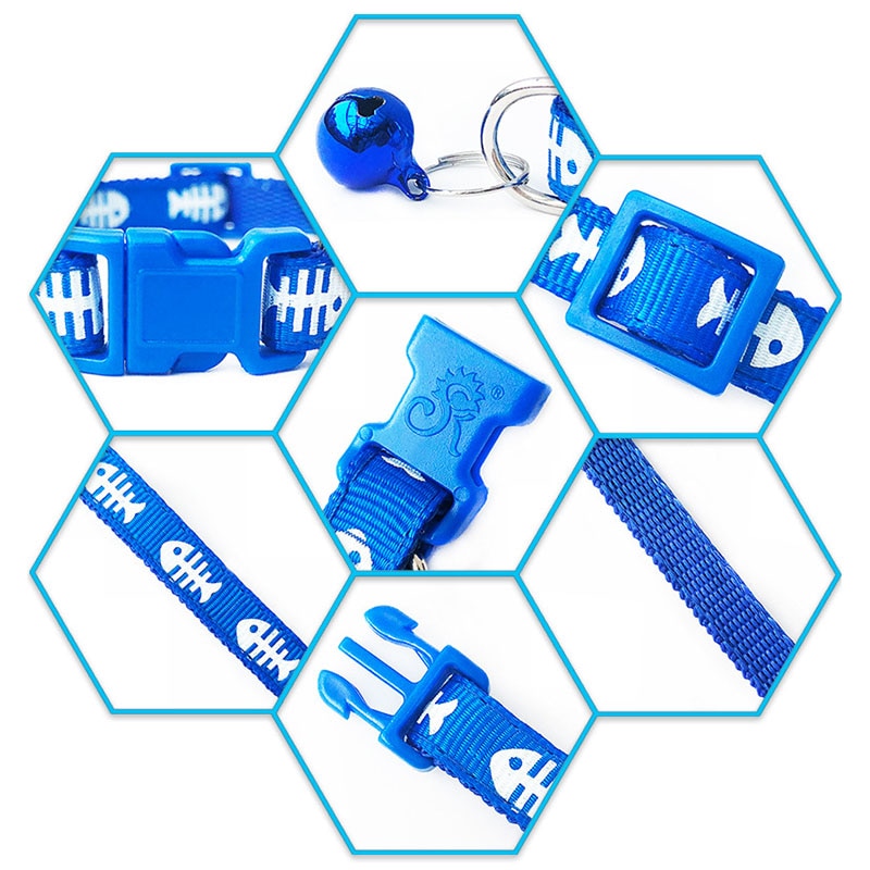 Collar ajustable con estampado de espina de pescado para mascotas, Collar de nailon para cachorros, gatitos y gatos con campanas, 19-32cm, 1,0 cm,