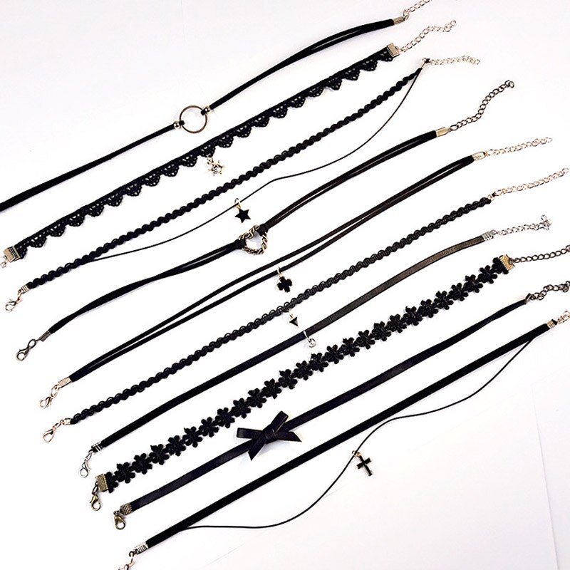 10 Stuks Mode Fluwelen Choker Ketting Voor Vrouwen Vintage Sexy Kant Bloem Ster Boog Ketting Gothic Meisje Nek Accessoires