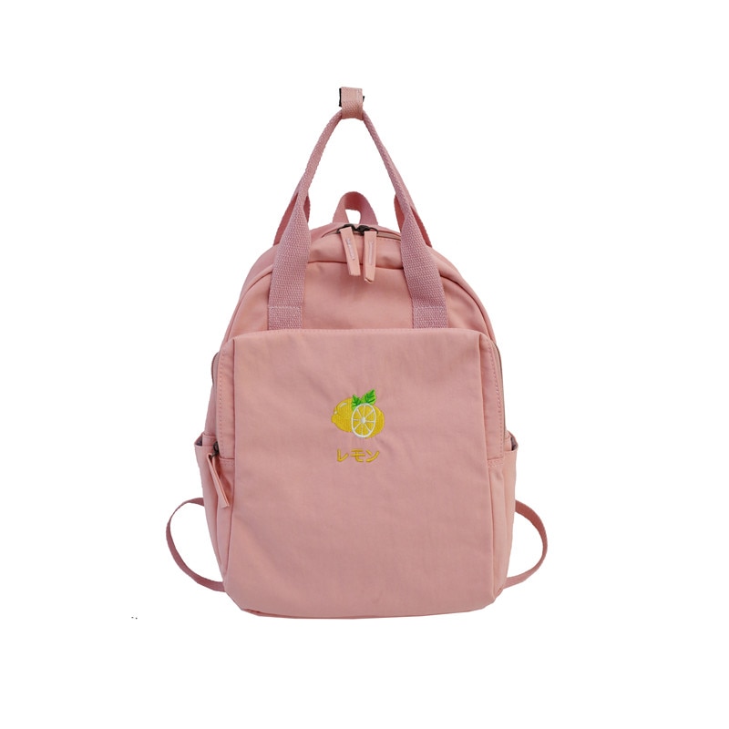 Menghuo Fruit embroidery Women Backpack Little Fresh Waterproof Nylon Solid Color Shoulder Bag Girls Schoolbag for Teenagers: Pink