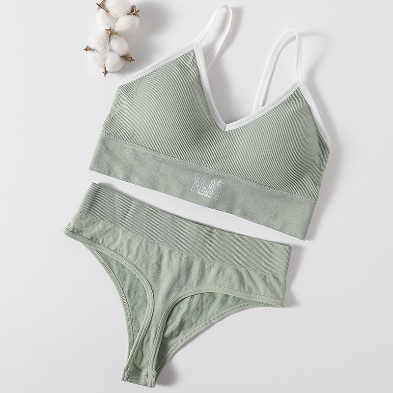 Conjunto de Sujetador deportivo sin costuras para mujer, tangas sexys de tiro alto, bragas sin aros, ropa interior cómoda, lencería femenina