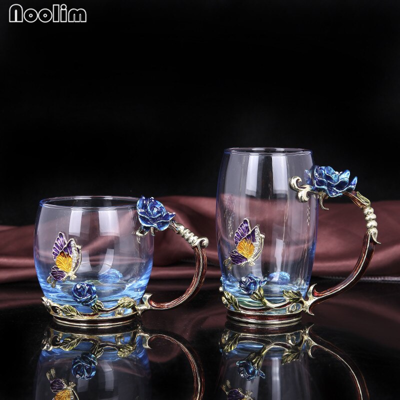 Noolim vintage emalje glas kopper blå og rød rose håndgreb stil med en sommerfugl på kroppen af glasset