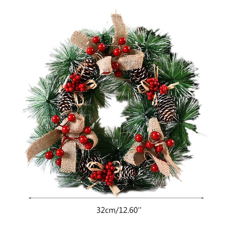 Julekrans kunstig pinecone røde bær krans dekoration hængende hoveddør væg træ