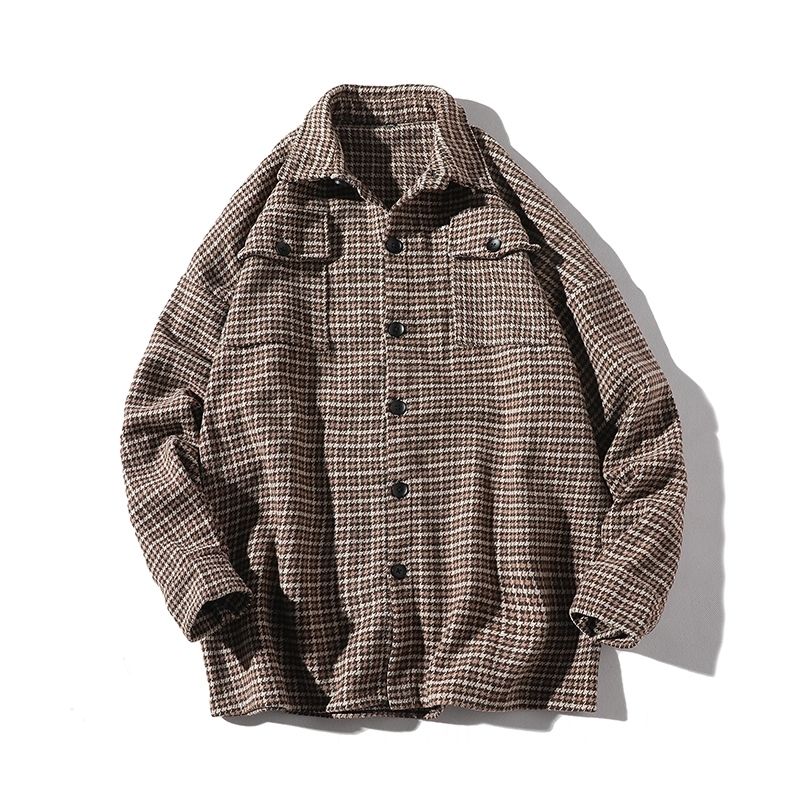 Herfst geruite wollen jas heren retro casual wollen jas heren streetwear wilde losse koreaanse wollen wollen jas heren s -4xl: Bruin / M