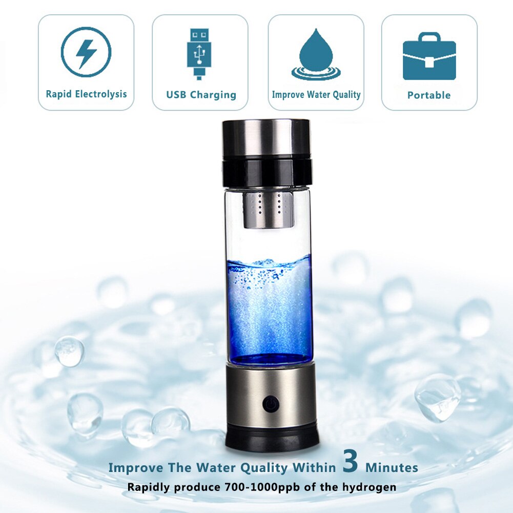 Portable SPE PEM Membrane Hydrogen Cup Rich Water Generator Ionizer Maker Black H2 Bottle USB Rechargeable Double Big