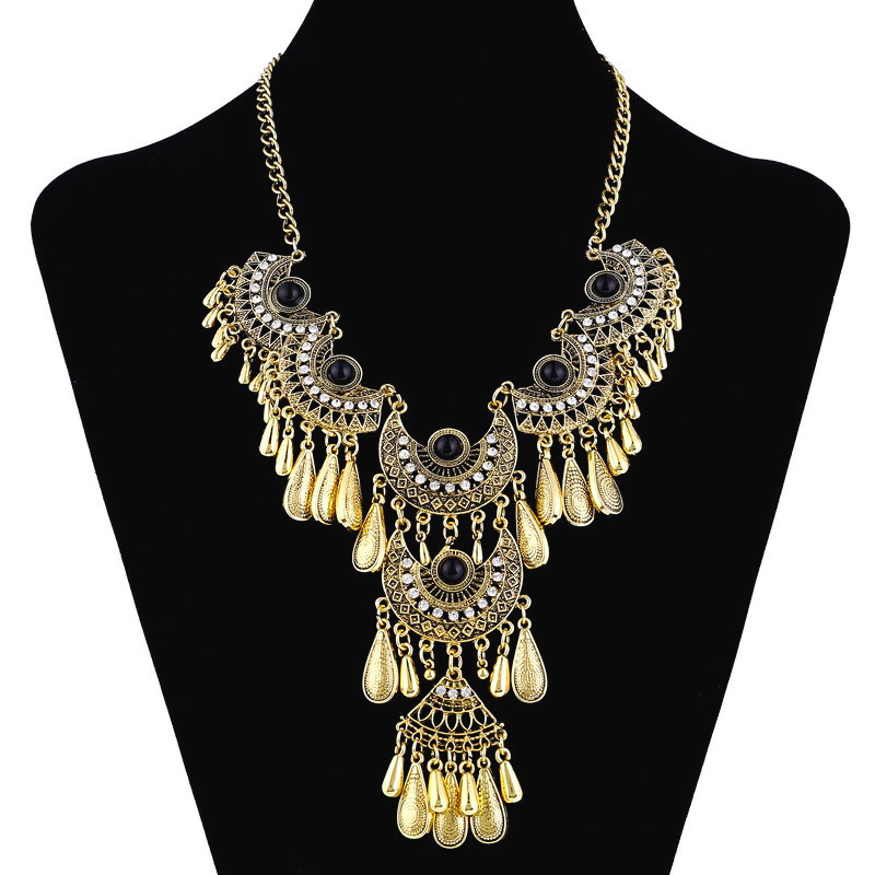 Collares llamativos étnicos exagerados Vintage para mujer, collares con borlas de gota de agua talladas de Color plata antigua, joyería Bohemia: PLATEADO