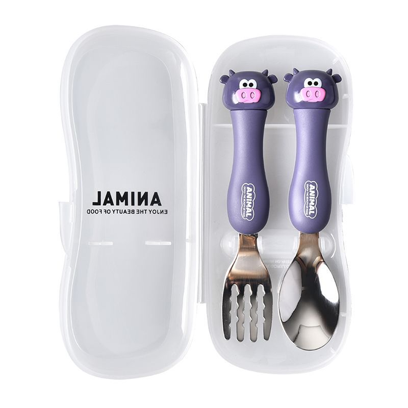 Baby Feeding Material Cartoon Cutlery Suit Student Stainless Steel Tableware Animal Fork Spoon Set Utensils Eating Gadgets: Calf