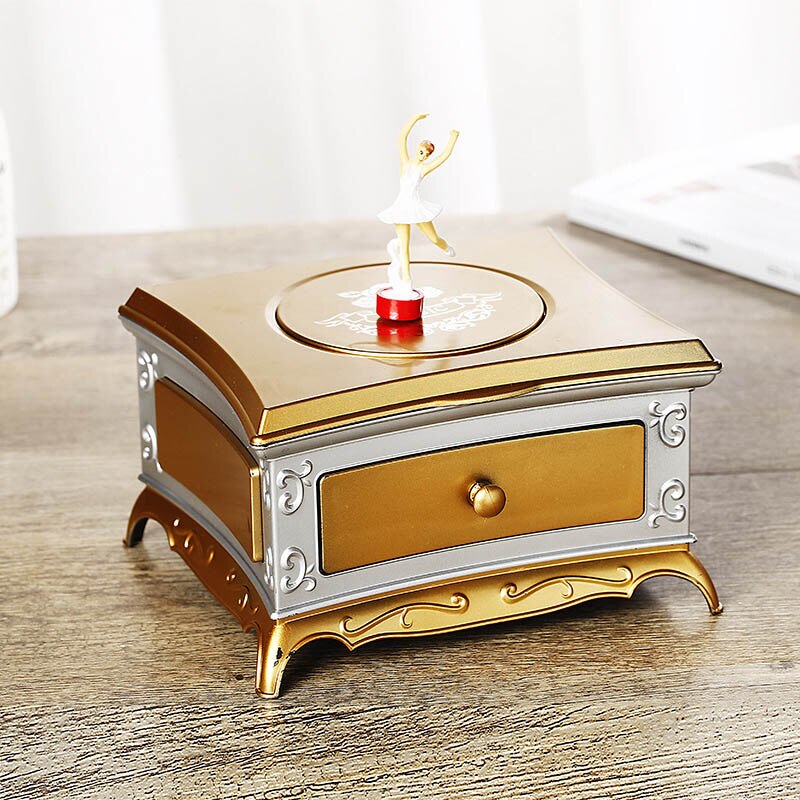 Dancer Rotating Music Box Classical Drawer Makeup Mirror Music Box Jewelry Storage Box To Send Girlfriend Box: Gold grey