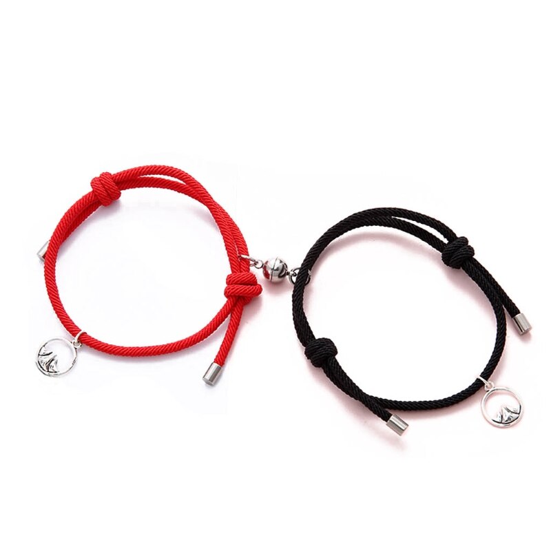 2 uds amantes minimalistas que emparejan la pulsera de la Amistad cuerda trenzada pareja distancia magnética pulsera Kit amante joyería: Red-Black