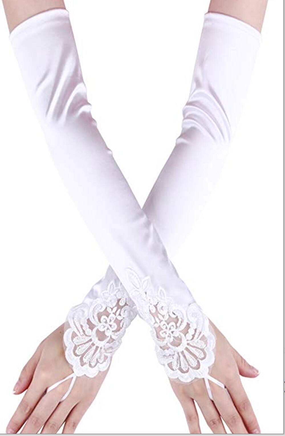 1 Pair Women Bride Long Lace Arm Elbow Gloves Lace Fingerless Gloves Black White: White