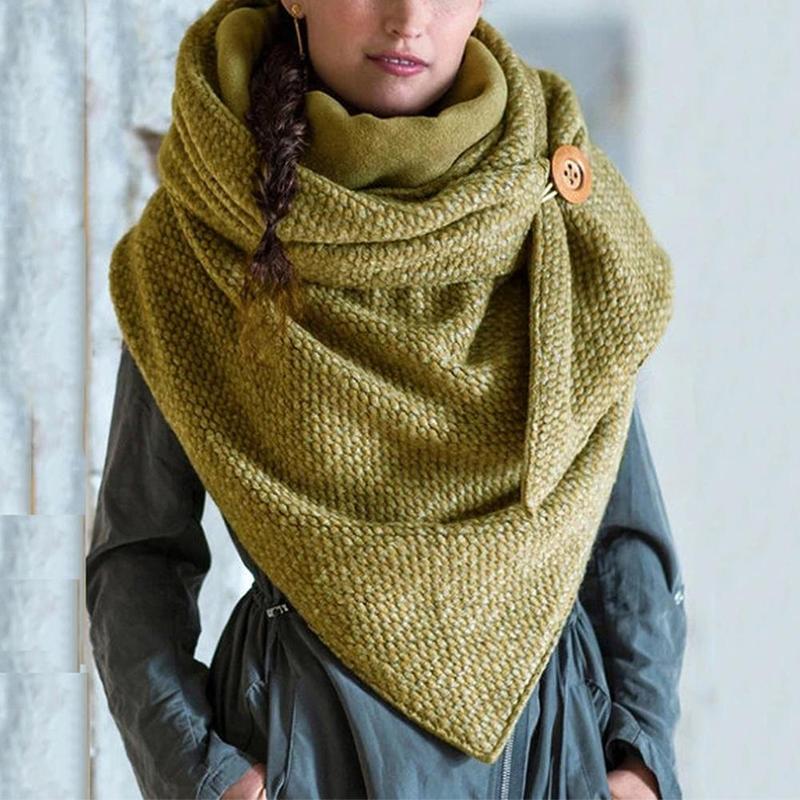 Femmes hiver épaissir grande écharpe surdimensionnée avec bouton crochet couleur unie côtelé Triangle châle bavoir