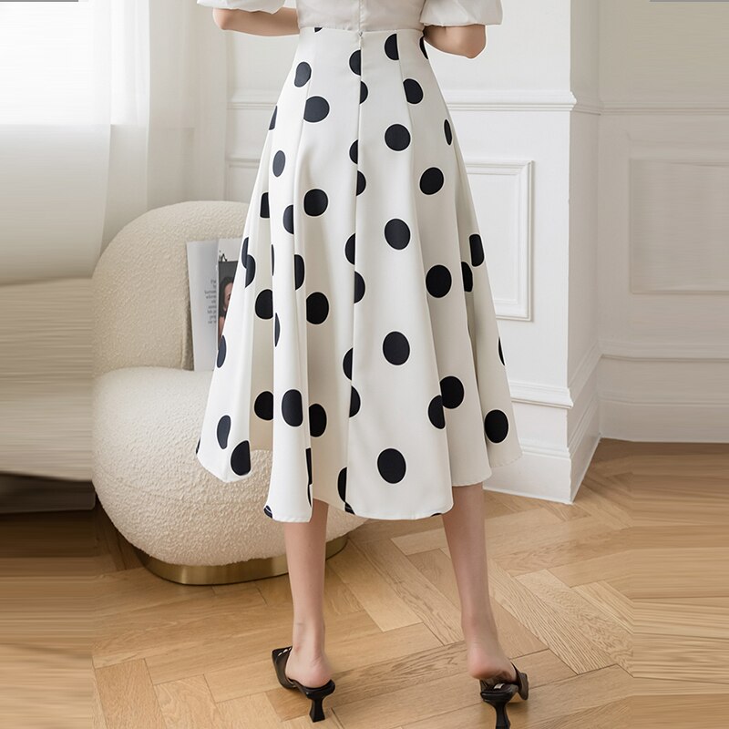 Falda de verano con estampado de lunares para mujer, Falda larga de estilo coreano, , de cintura alta, Estilo Vintage Swing, color blanco y negro,: Blanco / XL
