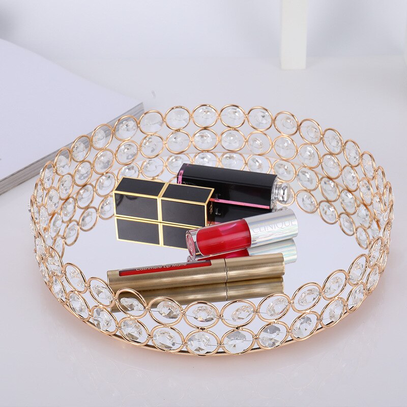 Bandeja redonda de cristal para decoración, bandeja de lujo para servir, mesa de Metal para almacenamiento de maquillaje, platos para decoración de baratija de boda
