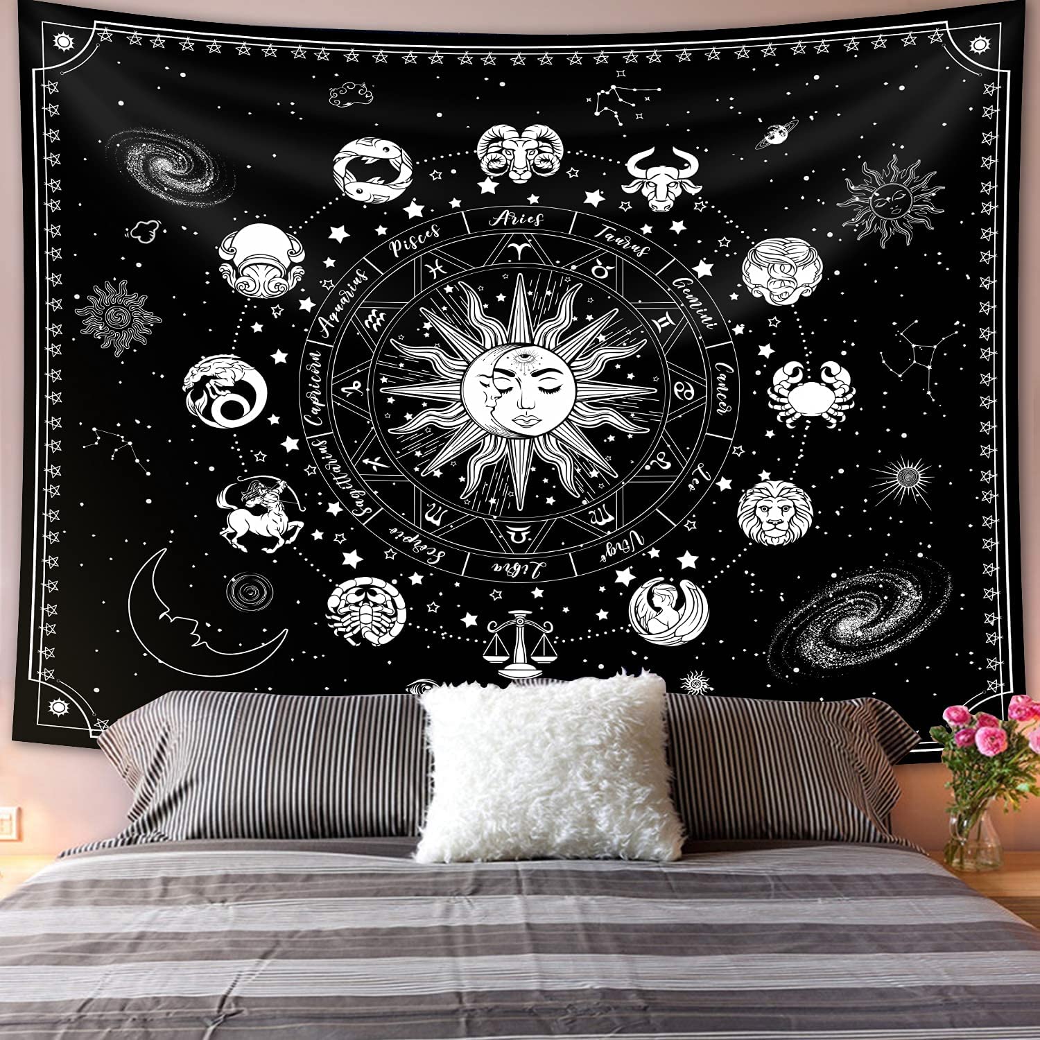 Zodiac Tapestries Sun and Moon Tapestry Astrology Tapestry Zodiac Sign Tapestry, Constellation Tapestry Black and White Tapestry