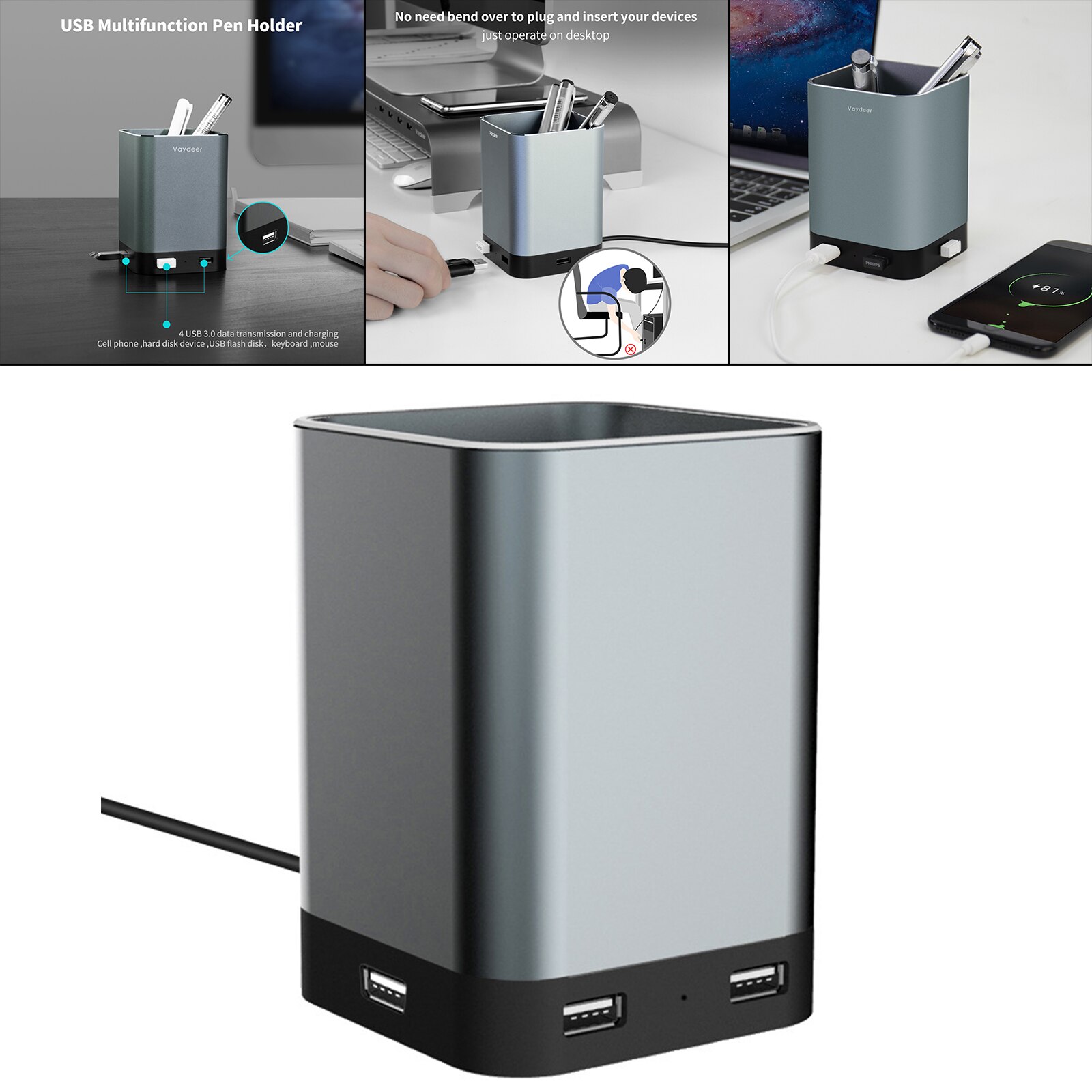 Pen Pencil Holder Multifunctional 4 Built-in USB Charging Ports Pen Container for School Desk Supplies