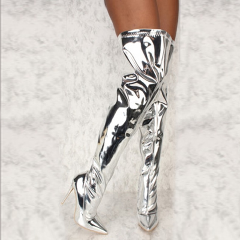 Botas altas hasta el muslo con espejo plateado para mujer, zapatos de con punta puntiaguda, tacones altos finos por encima de la rodilla, sexys
