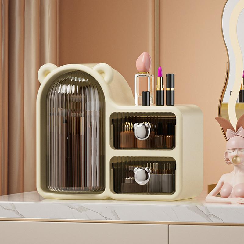 Desktop-Organizer, abgedeckter stationärer Organizer, Make-up-Pinselhalter, Bleistiftbecher, drehbarer Schreibtisch-Organizer mit 2 Schubladen für Stifte