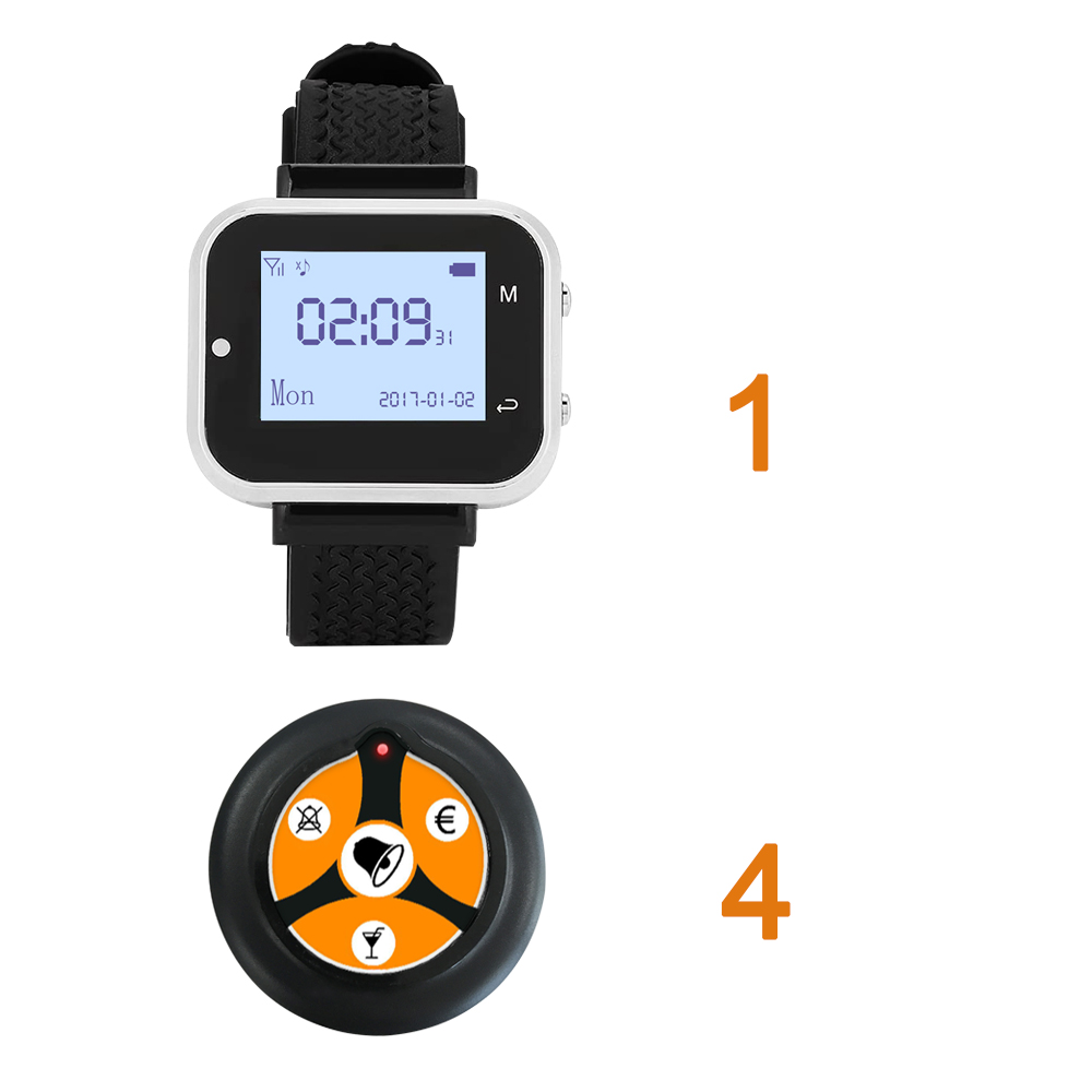 Sistema de llamada inalámbrica para camarero, 1 reloj RECEPTOR + 4 botones superfinos de 4 teclas, transmisor de frecuencia 433,92 para servicio de restaurante: EURO / UK