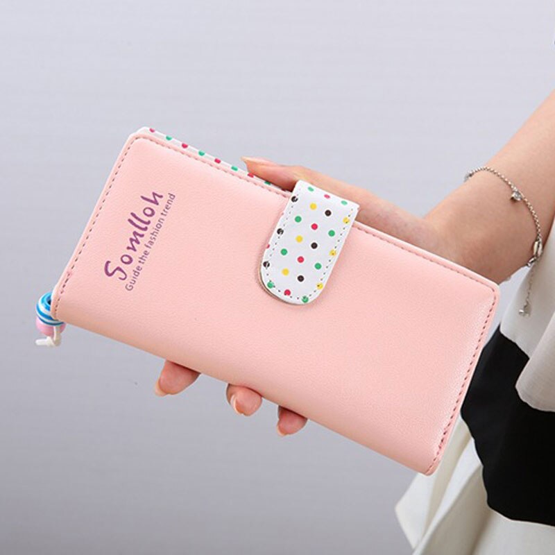 Small Wallet Women Short Luxury Brand Cute Female Purse PU Leather Dot Girls Lady Zipper Wallets Card Holder Bags: Pink Long