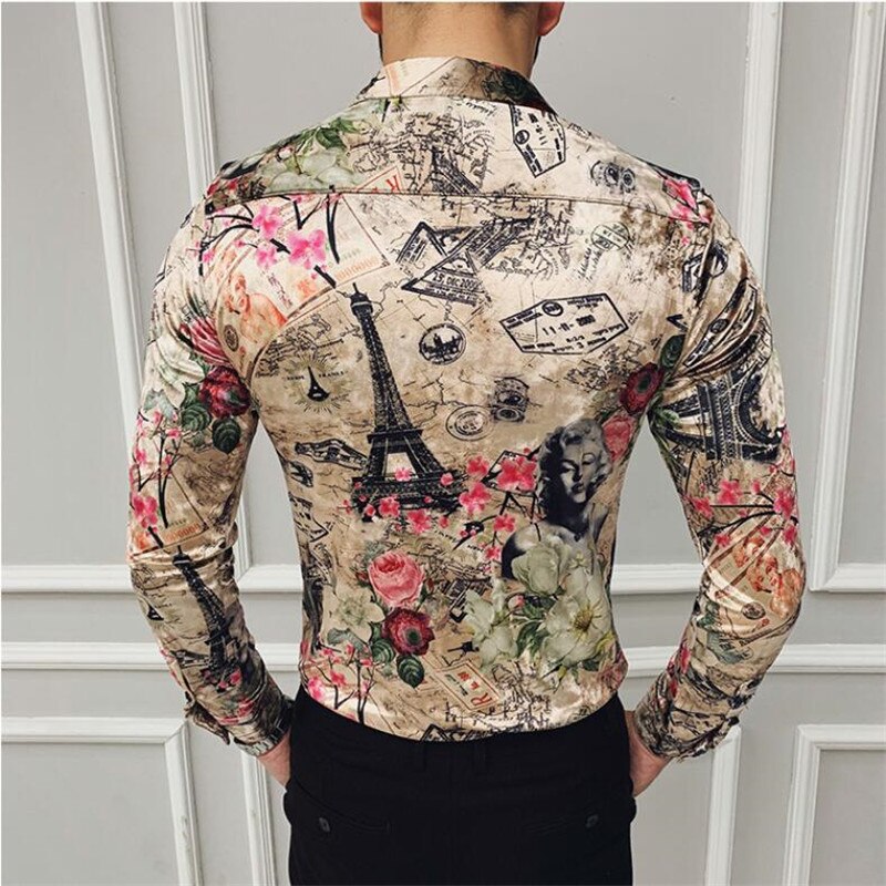 Camisas de terciopelo de para hombre, vestido de con estampado de de invierno, camisas de manga larga, camisa informal barroca ajustada para hombre, camisa para de graduación