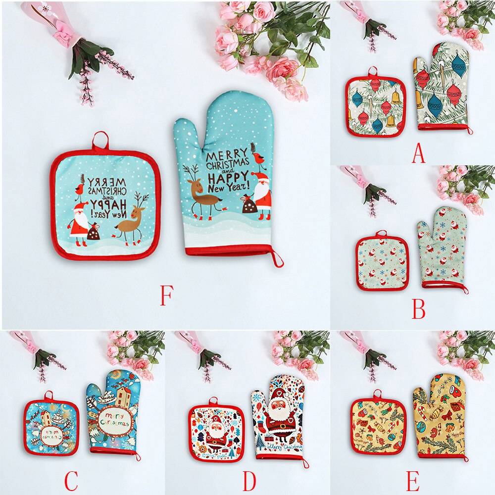 Juego de 2 guantes Anti-calor para hornear navideños, aislante para horno y microondas esterilla, suministro navideño, manoplas y estera para barbacoa, cocina casera