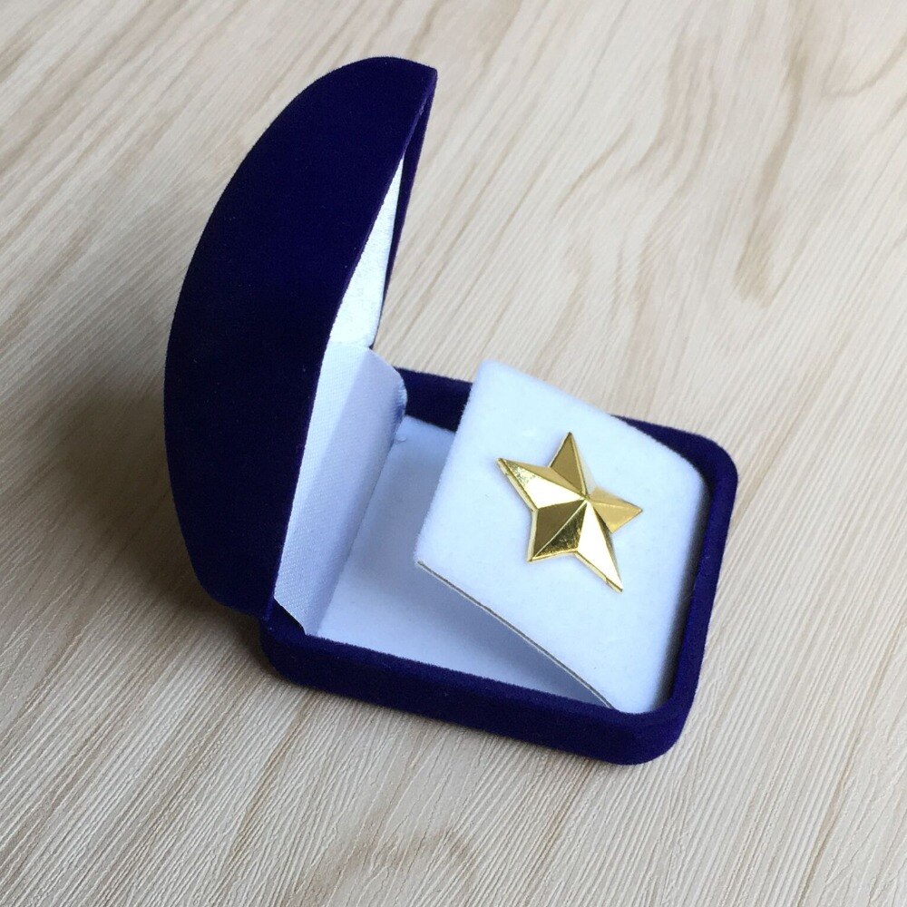 Gouden ster pin badges met blauwe Fluwelen doos voor verkoop, korting gouden ster metalen badges voor verkoop