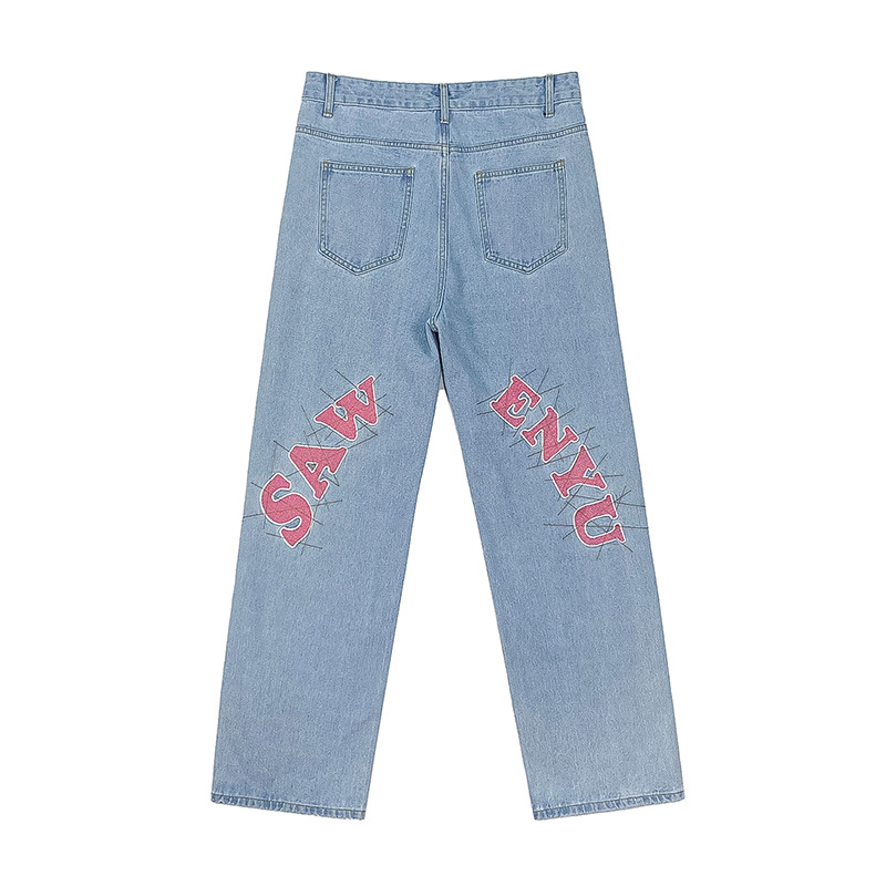 Pantalones vaqueros con estampado de letras para hombre, jeans holgados de estilo hip hop para verano: Blue / XXL