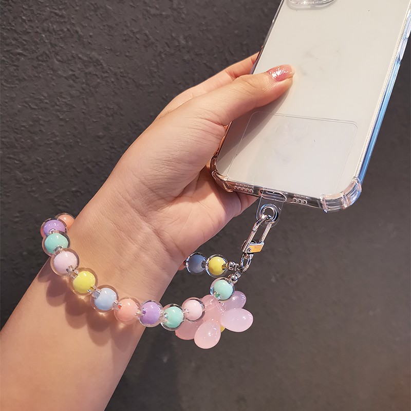 Korean Colorful Flower Beaded Mobile Phone Charm Strap Chain Lanyard Women Girl Jewelry Phone Holder Beads Pendant