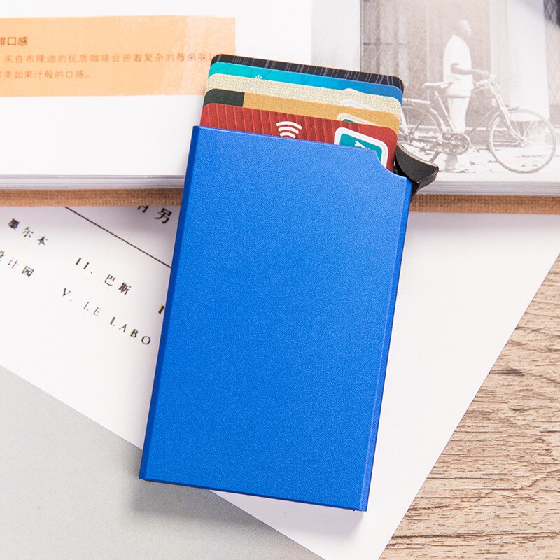 Weduoduo blokerende tegnebog rfid kreditkortholder sort kortholder aluminium slim metal kort id holder: Blå