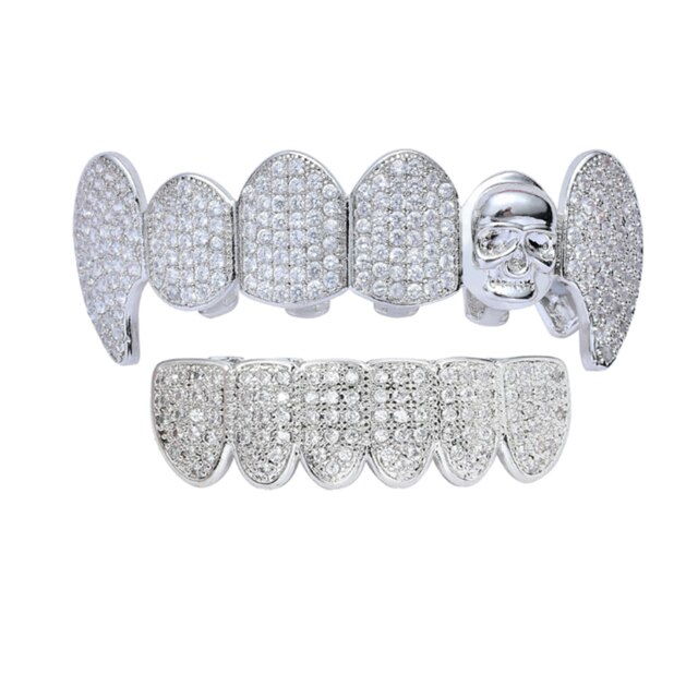 Goud Zilver Kleur Hip Hop Fang Tanden Caps Zirconia Top & Bottom Clown Schedel Grills Set: silver