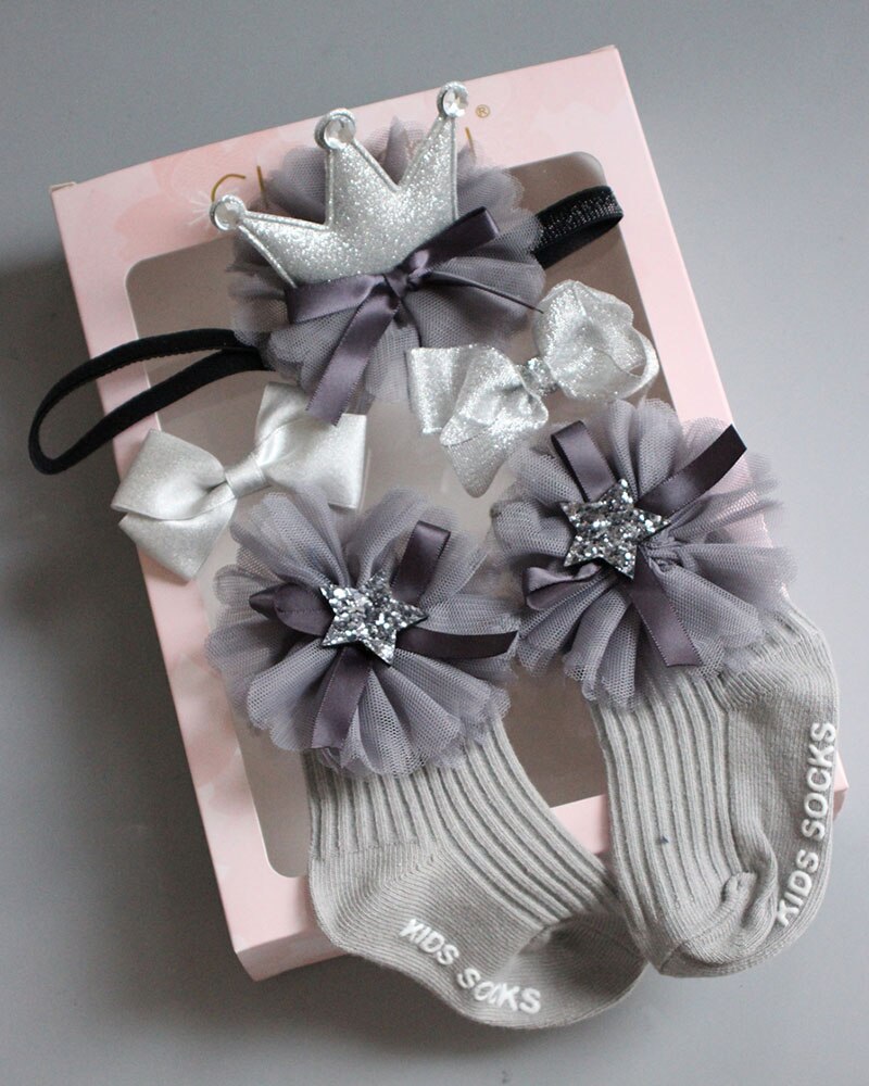 Neugeborenen-mädchen-socken + haarband-einstellen, prinzessinnen-krippensocken mit spitze und blumenmuster, baumwollsocken, haarspangen, prinzessin für kleinkinder, 0-2t stück: 05