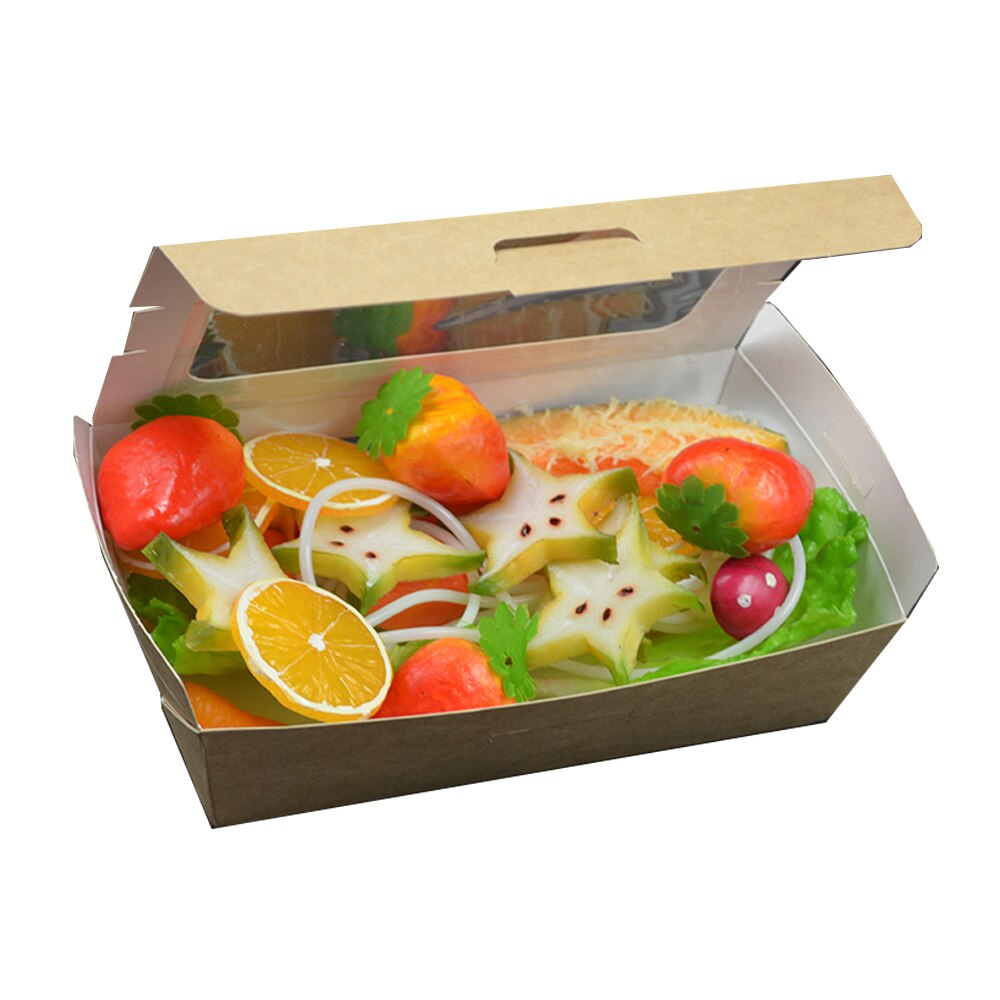 50pcs Brown paper packing box disposable transparent skylight fruit salad container（760ml/970ml/1470ml).
