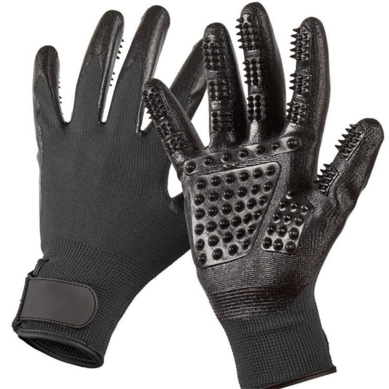 Guantes de goma suave para aseo de mascotas, cepillo de limpieza de pelo para perros, gatos y caballos, peine de masaje para mascotas: Black
