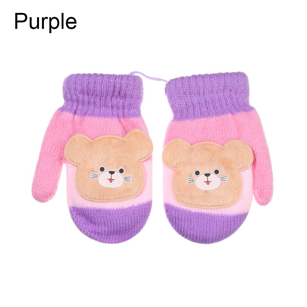 Guantes de lana con cuerda para niños y niñas de 0 a 3 años, manoplas de punto, guantes de invierno: purple