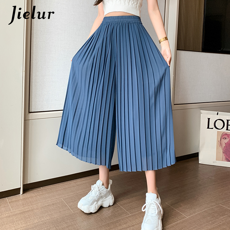 Jielur sommer plisserede chiffon bukser med brede ben kvinder casual sorte midi bukser nederdele kvindelige højtaljede lige kvinder #39 ;s bukser: Blå / Xl