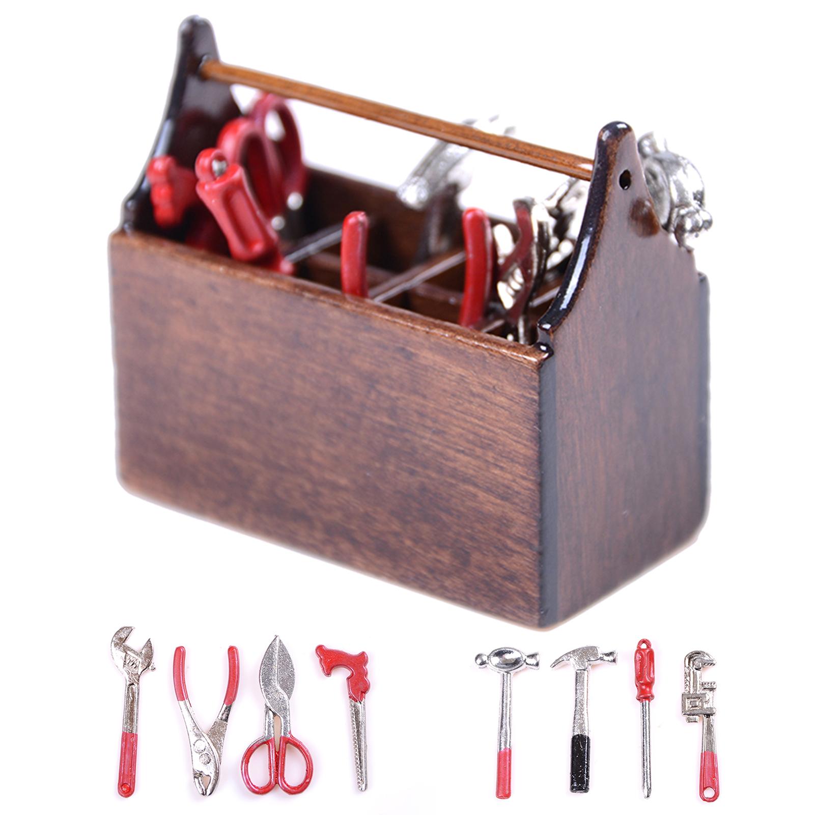 1/12 Dollhouse Miniature Wooden Tool Box with Metal Tools Set Repair Kits Decoration for Furniture Toys Doll House Accessories
