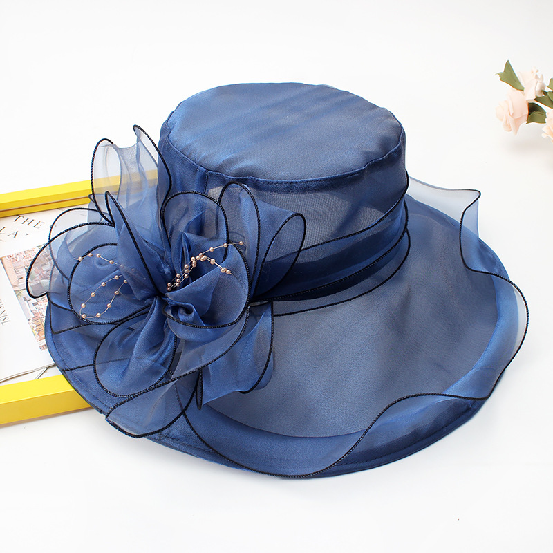 18 Color Ladies Summer Hat White Black Organza Church Fascinator Wedding Tea Party Derby Hats for Women Flower Wide Brim Sun Hat: Beige