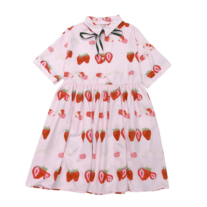 Vestido de verano estilo japonés de manga corta, falda holgada con dibujo de fresa para mujer