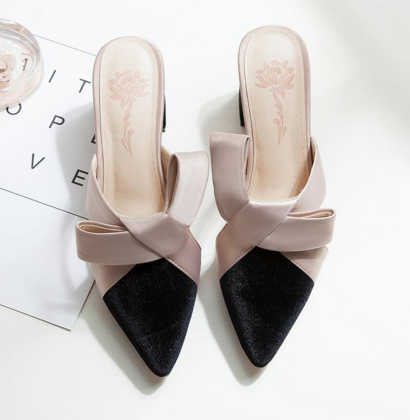 Bowknot kvinnor tofflor spetsiga tå höga klackar tofflor dam kvinnor skor zapatos mujer  n960: Svart / 6.5
